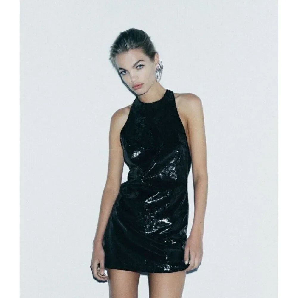 Zara Womens Mini Tied Halter Dress S Black Shiny Velvet Open Back 8909/039 NWT